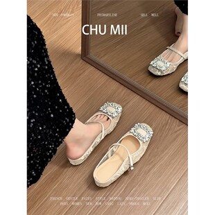 蕾丝网纱凉鞋 女一脚蹬真皮厚底单鞋 温柔水钻方头玛丽珍鞋 羊皮版