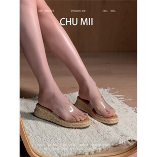 羊皮版~时尚草编透明高跟鞋女法式露趾坡跟凉拖鞋百搭不累脚凉鞋