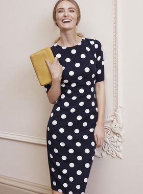 HOBBS春夏款圆领大波点中长款职业礼服裙修身包臀优雅气质连衣裙