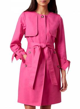 HOBBS圆领披肩手柄绑带 牡丹粉色100％美利奴羊毛中长款风衣