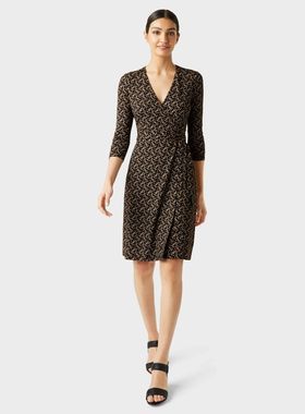 HOBBS秋春款复古简洁V领长袖束腰搭扣印花气质针织裹身女装连衣裙