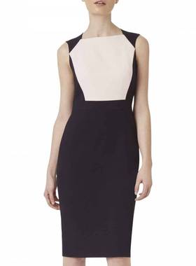 HOBBS夏季一字领无袖色块拼接设计修身时尚显瘦蓝色Shea铅笔裙