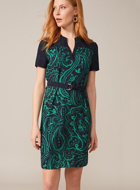 phase eight圆领套头修身半袖自系带多色拼色对称线条中长连衣裙