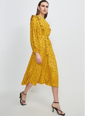 KM21春新款圆领荷叶边D环腰带长袖黄色条纹波点法式中长款连衣裙