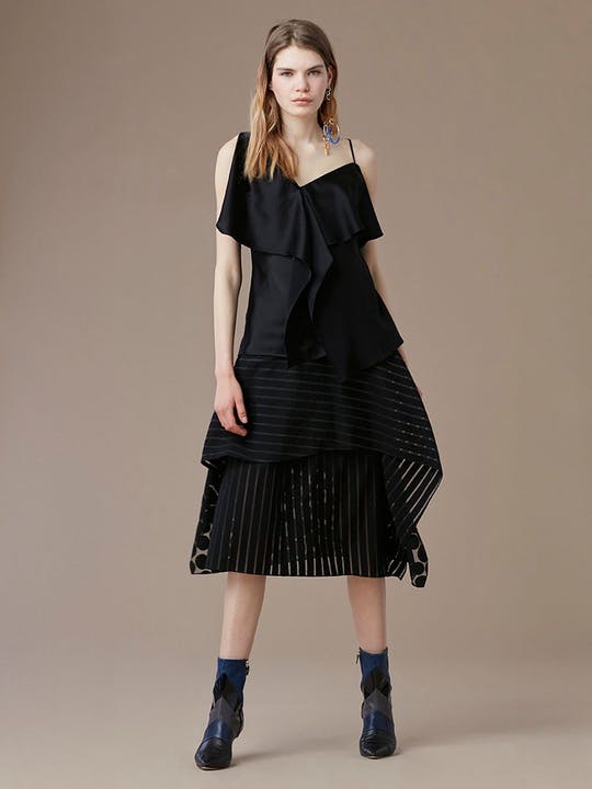 DVF夏季黑色V领不对称上衣荷叶边条纹波点分层中长半身裙两件套装