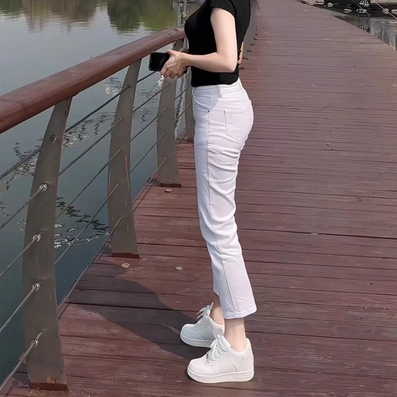 白色直筒牛仔裤女夏季薄款2026小个子新款高腰显瘦九分烟管法棍裤