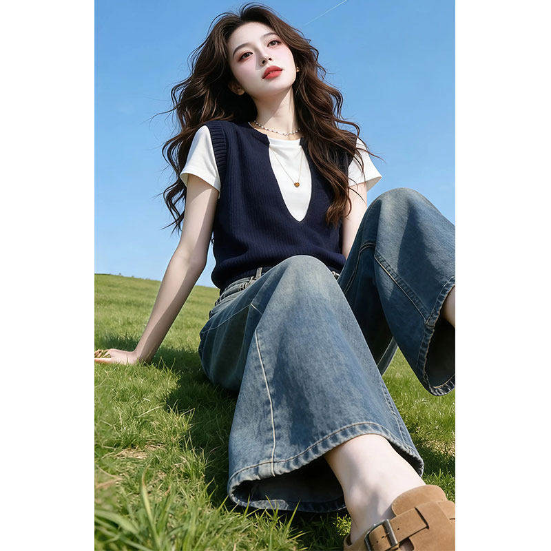 高级感假两件针织衫短袖t恤女夏季新款大码胖mm薄款宽松显瘦上衣