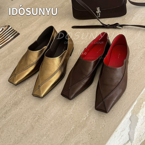 IDOSUNYU欧货复古风羊皮方头单鞋女浅口一脚蹬真皮通勤百搭小皮鞋