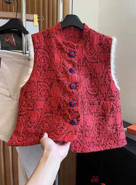 新中式高端红色国风加棉提花马甲