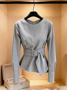 绑带收腰长袖 上衣
