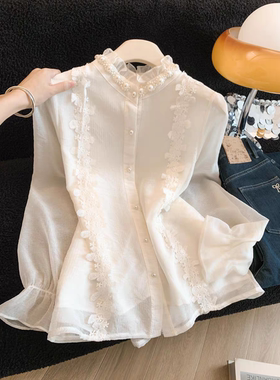 法式宫廷风重工钉珠气质雪纺衬衫