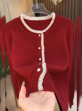 法式蕾丝花边拼接红色针织开衫