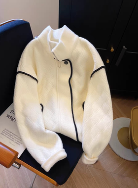 杏色立领休闲韩系拼色线条拉链外套