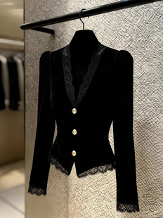 法式 赫本风黑色蕾丝丝绒衬衫
