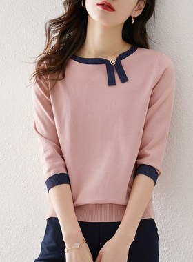 2025春夏新款撞色银葱设计感不对称小众针织衫七分袖套头T恤上衣