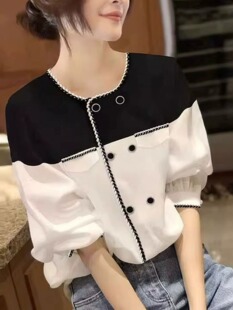 圆领拼色双排扣衬衫女2023春夏新款宽松显瘦七分袖气质小香风上衣