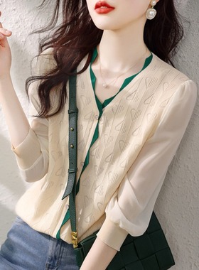 外贸品牌清仓春夏减龄七分袖针织拼接雪纺衫衬衣撞色显瘦T恤女