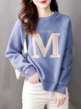 蓝色圆领字母卫衣女秋冬2023款韩版元气百搭宽松休闲上衣减龄显白