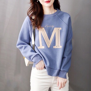 蓝色圆领字母卫衣女秋冬2023款韩版元气百搭宽松休闲上衣减龄显白