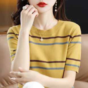 23夏季新款纯棉针织T恤女圆领条纹短袖宽松显瘦拼色棉麻半袖上衣