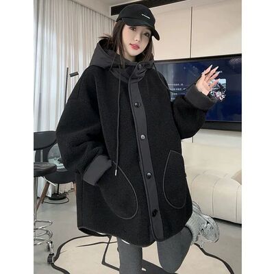 加厚皮毛一体连帽开衫外套女秋冬