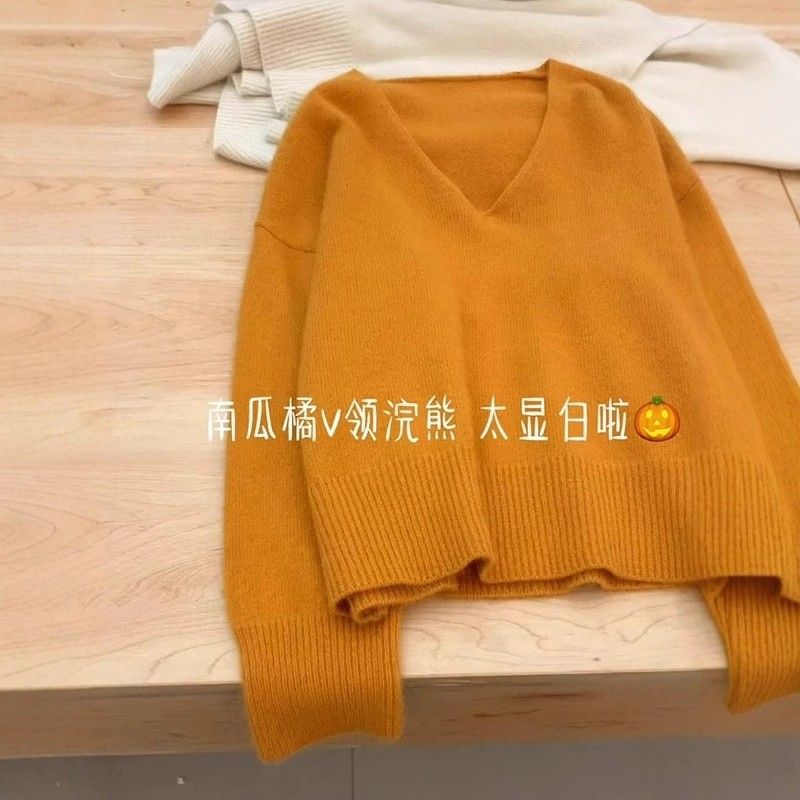 特大码慵懒风v领套头毛衣女