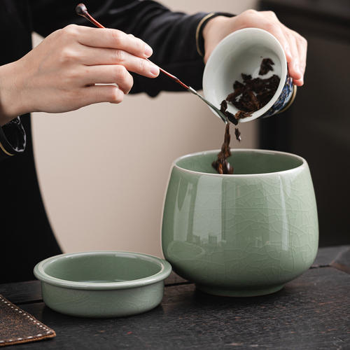陶瓷茶渣缸大号废水缸纸篓建水盂桌面收纳摆件风水缸带盖过滤茶洗