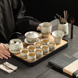 家用办公整套茶具冲泡茶器陶瓷茶具礼品礼物 米黄汝窑功夫茶具套装