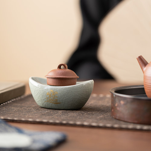 汝窑金元宝盖置茶道茶宠摆件创意精品开片可养茶玩茶桌茶具配件