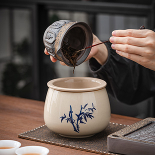 草木灰陶瓷茶渣缸茶洗建水带过滤家用废水缸大号桌面倒茶水孟茶缸