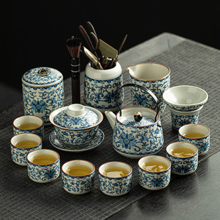 汝窑万花功夫茶具套装 家用中式 办公茶具轻奢高档茶壶整套2024新款
