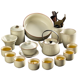 米黄汝窑功夫茶具套装2025新款喝茶家用泡茶陶瓷盖碗茶壶茶杯套装