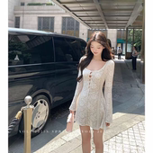 镂空设计纯欲法式 A字裙子短裙 修身 长袖 连衣裙女秋新款