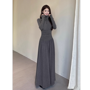 polo高领秋冬连衣裙修身 品质气质复古 褶皱A字长裙 面料原版 原版