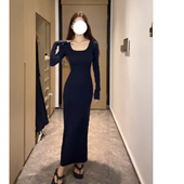 轻欧式 针织长袖 辣妹方领包臀连衣裙女