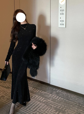 【微光萤火】冬季设计感烫钻连衣裙高级感半高领鱼尾长裙80390