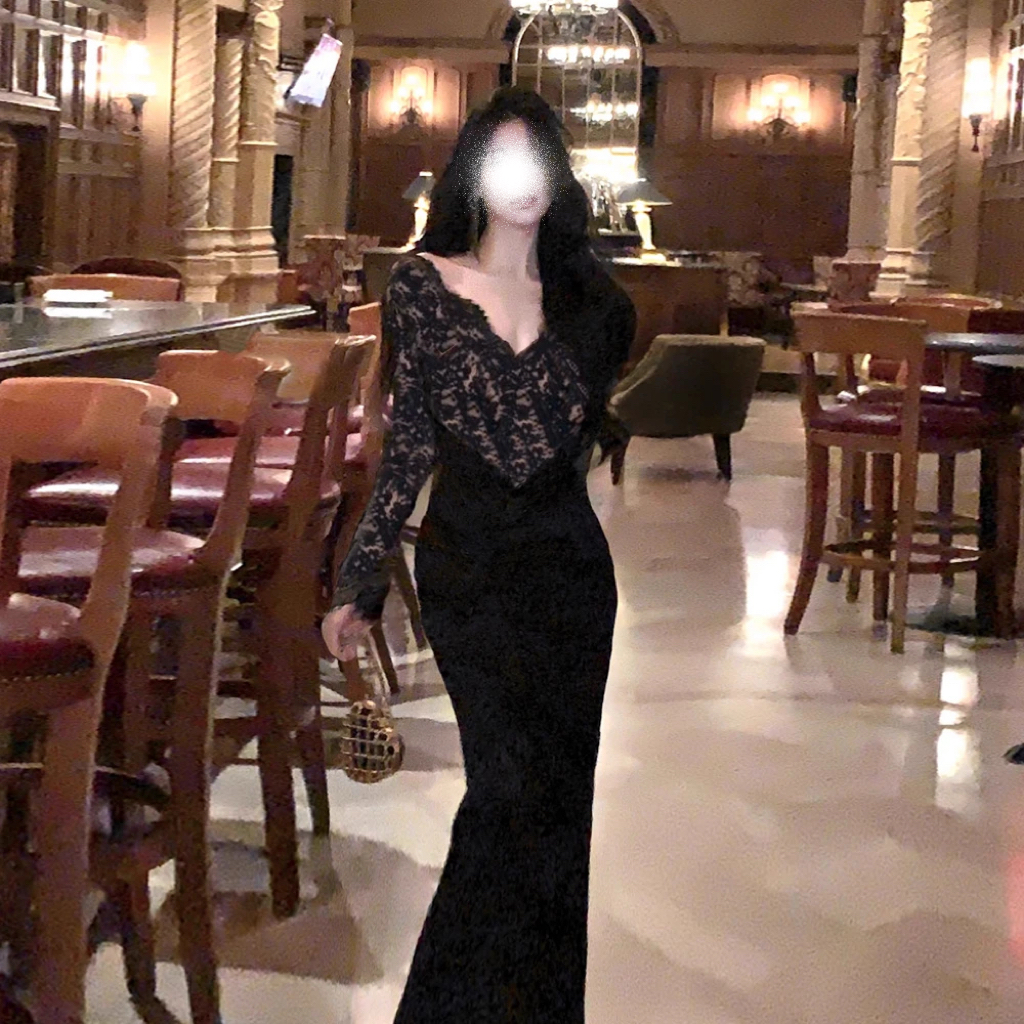 v领蕾丝女小众设计包臀鱼尾裙