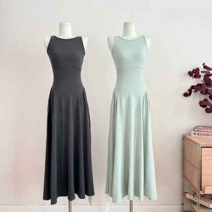cookadaily人鱼 新款春装气质修身收腰工字背心露背长款连衣裙女