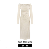 定金 白色带胸垫双面磨毛连衣裙女方领褶皱长裙收腰鱼尾裙子