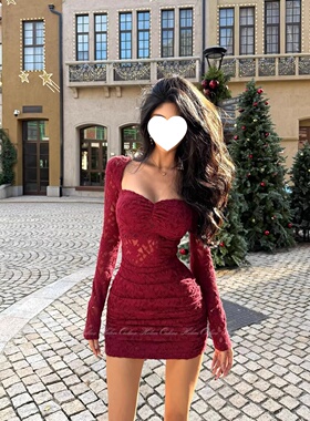 法式蕾丝连衣短裙女性感微透绒感显身材包臀裙