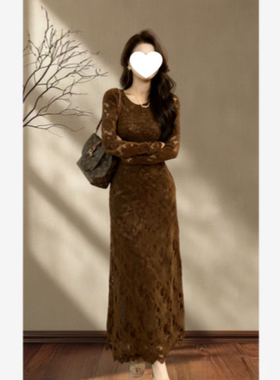 法式复古长裙秋冬新款修身显瘦设计感气质优雅时尚蕾丝连衣裙女