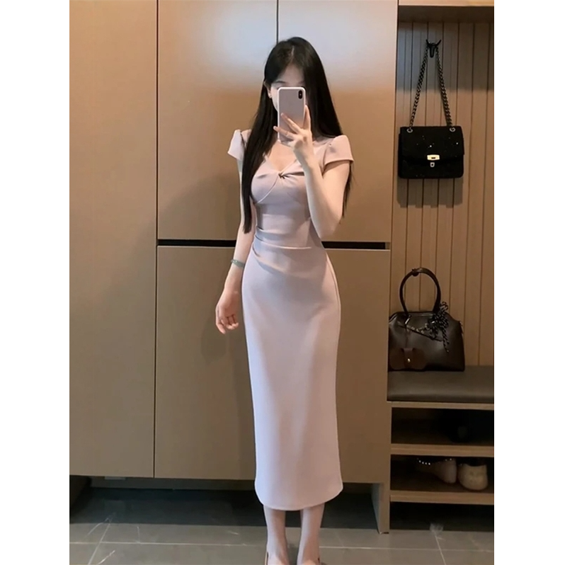 法式气质短袖收腰中长款褶皱裙子