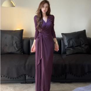 长袖 显瘦遮肚子气质百搭韩系连衣长裙 V领腰部绑带款
