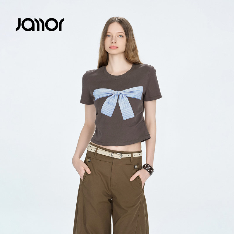 Jamor加墨时尚压褶短款短袖T恤上衣女装蝴蝶结印花2026夏季新款女图片
