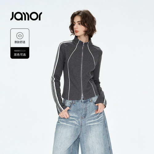 Jamor加墨美式复古运动风小立领撞色甜辣外套女装上衣2026秋新款