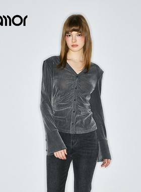 Jamor加墨时尚V领上衣抽褶设计感气质小衫2025秋冬季新款女装