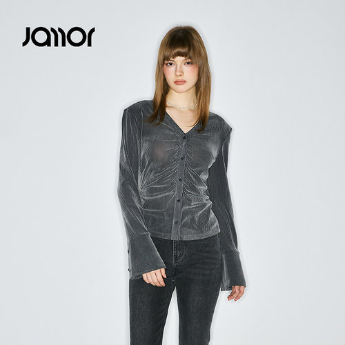 Jamor加墨时尚V领上衣抽褶设计感气质小衫2026秋季新款女装