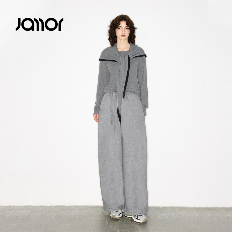 Jamor加墨简约高级灰时尚套装休闲卫衣带披肩阔腿休闲裤两件套秋