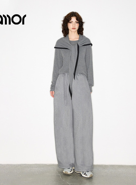 Jamor加墨简约高级灰时尚套装休闲卫衣带披肩阔腿休闲裤两件套秋