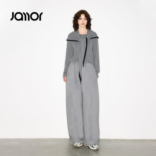 Jamor加墨简约高级灰时尚套装休闲卫衣带披肩阔腿休闲裤两件套秋